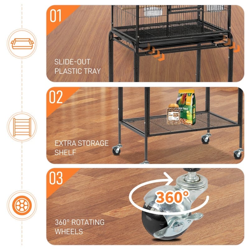 53" Large Flight Bird Cage With Rolling Stand & Storage Shelf For Parrots Lovebird Cockatiel Parakeets