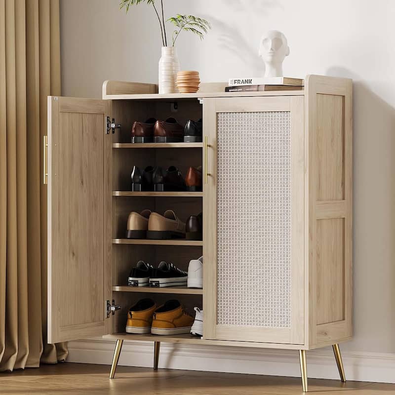 Rattan Shoe Storage Cabinet with Adjustable Shelves - Oak