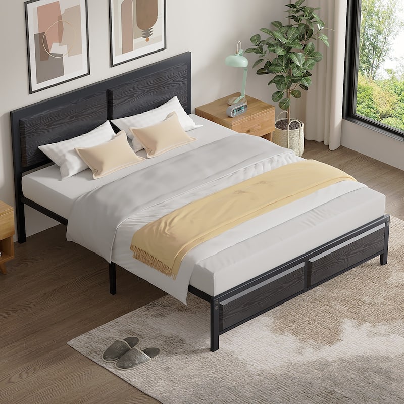 Javlergo Industrial Metal Platform Bed Frame with Wooden Headboard, Black