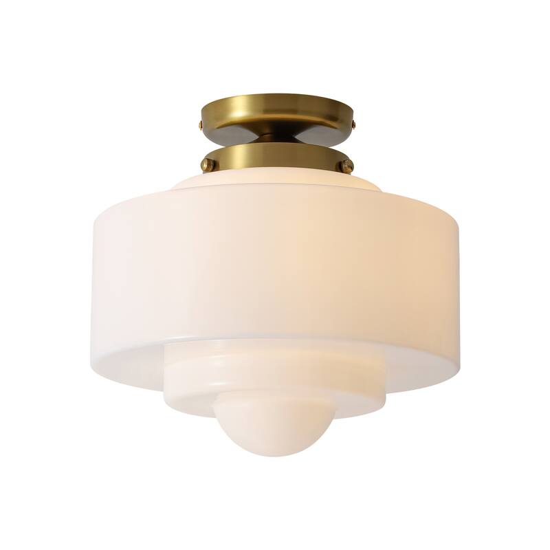 1-Light Mid-Century Modern Gold Cake-Shaped Semi-Flush Mount Ceiling Light with Opal Glass Shade for Bedroom, Kitchen