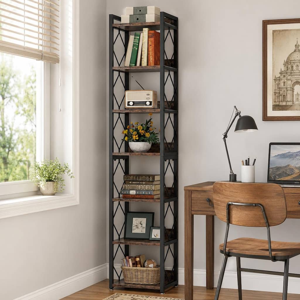 78.7 Inch Extra Tall Narrow Bookshelf, 7-Tier Skinny Bookcase for Small Spaces - 13.39"W × 13.39"D × 78.74"H