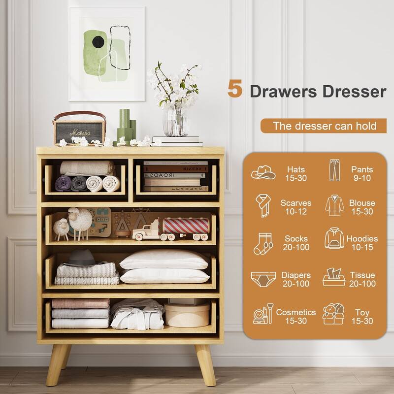 Gymojoy Fluted 5 Drawer Dresser, Modern Wood Chest of Drawers, Closet Dresser Organizer