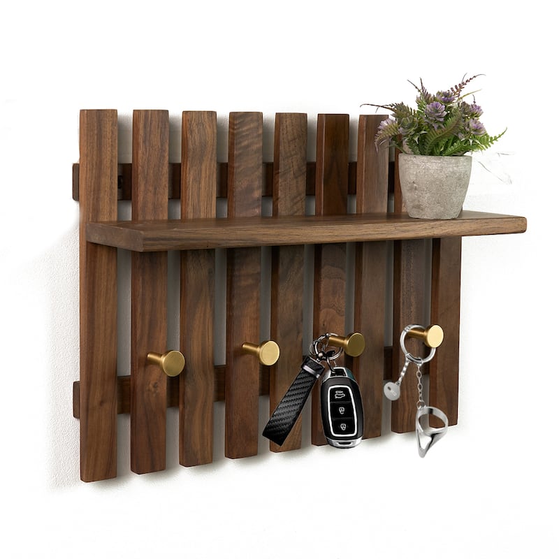Dark Solid Wood Wall Organizer With Tray Storage - 15.35" L