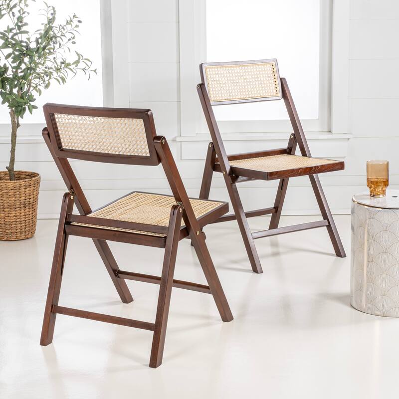 Olivier Mid-Century Vintage Wood Rattan Folding Chair with Adjustable Back, (Set of 2) by JONATHAN Y