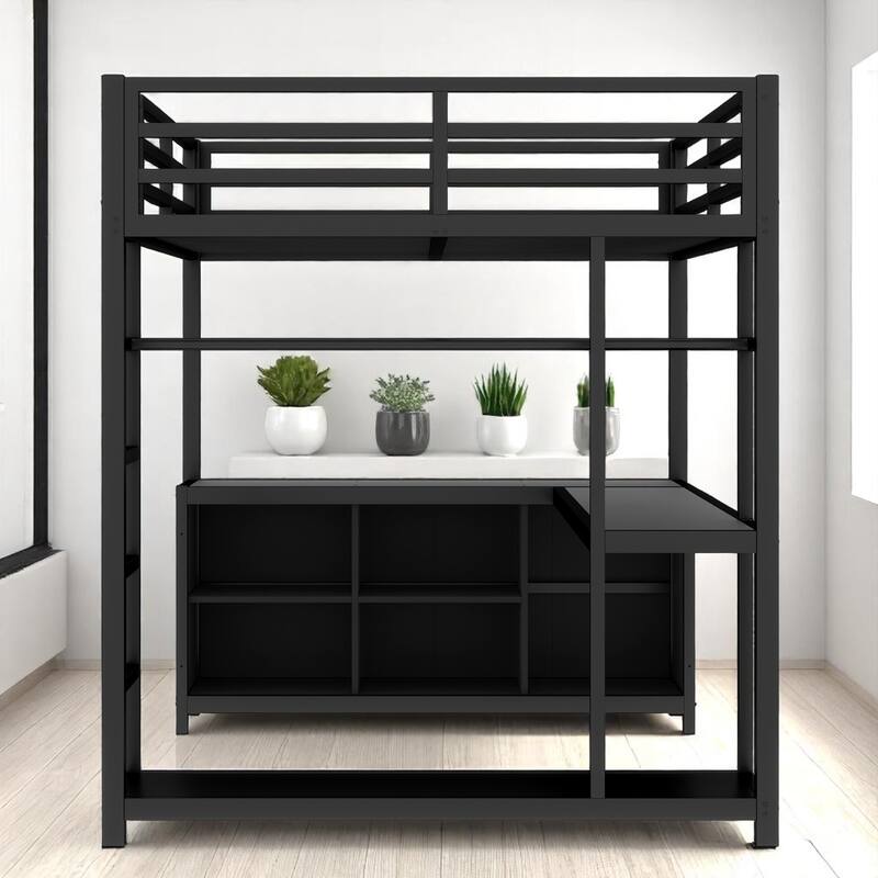 Full/Queen Metal Loft Bed with L-Shaped Desk, Wardrobe, Storage Shelves & Guardrails for Teens and Adults