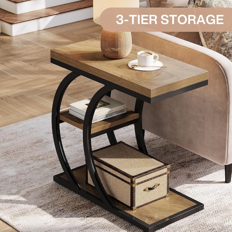 3-Tier Industrial Wood Couch C-Shaped End/Side Table for Living Room, Narrow Nightstand for Bedroom, Small Spaces