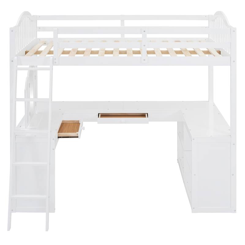 White Full Wooden Loft Bed with U-shaped Desk and Storage Compartments