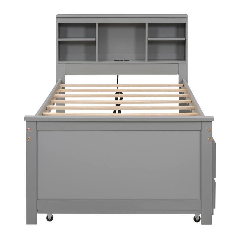 Twin & Full Size Platform Bed with Storage Headboard, USB, Twin Size Trundle and 3 Drawers