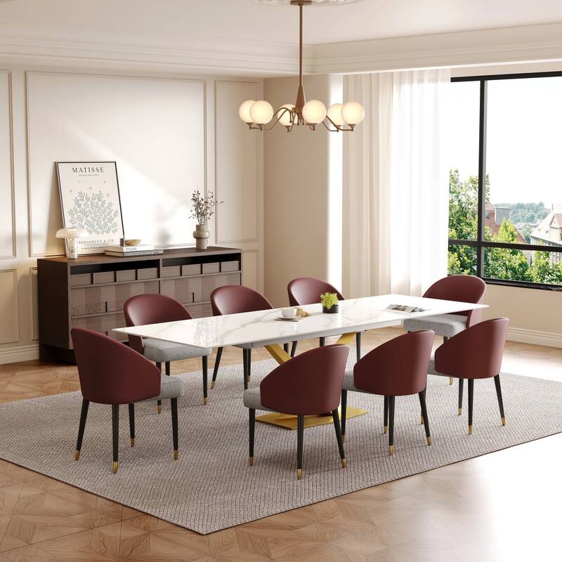 9 - Piece 94.48'' Rectangular Extendable Sintered Stone Dining Table with 8 Faux leather Chairs Dining Set