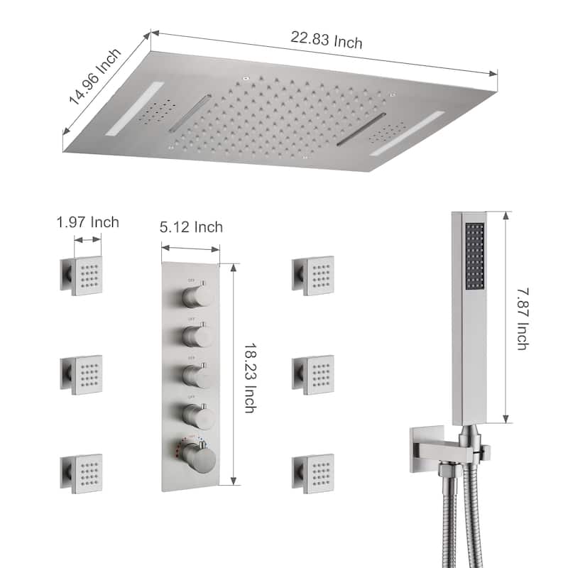 Luxury 4-Spray Patterns 23 in. Ceiling Mount Shower System with Handheld Shower Head, 6 Body Jets, LED, and Music - 15" x 23"