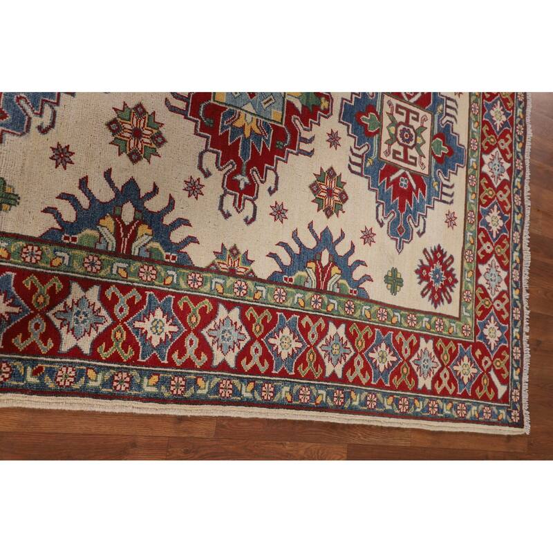 Ivory Kazak Oriental Area Rug Hand-Knotted Geometric Wool Carpet - 5'1" x 6'7"