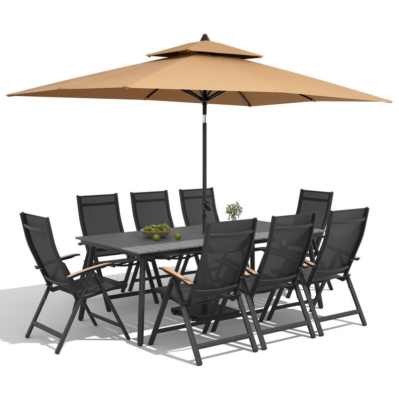 9/11-Piece Outdoor Patio Dining Set Aluminum Dining Table and Folding Chairs w/10 ft Umbrella and Base