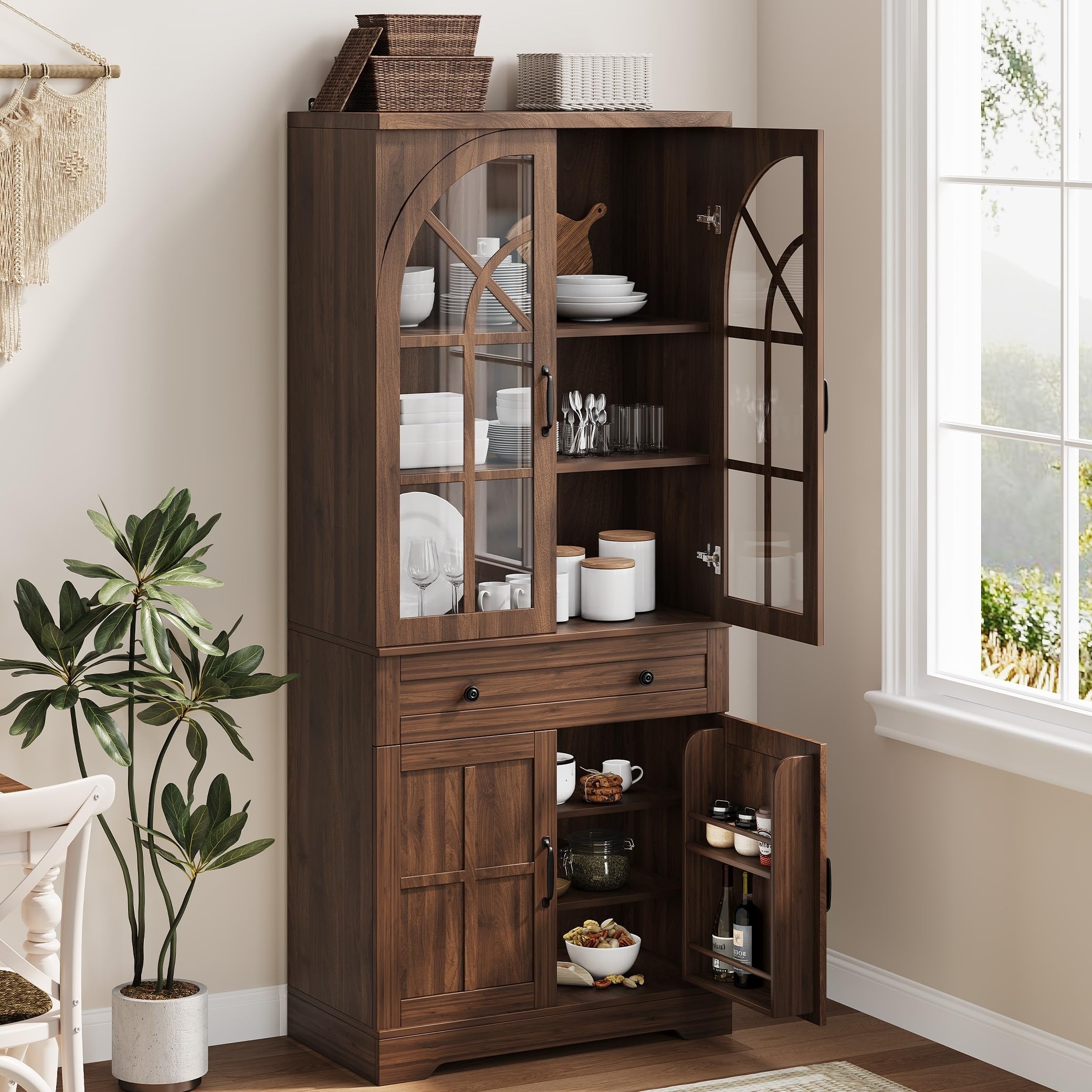 Farmhouse Pantry Cabinet, 71.9in Tall Freestanding Kitchen Storage with Glass Doors, Adjustable Shelves, Anti-Tip Design