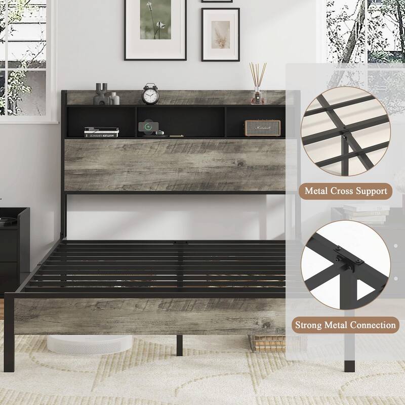 Platform Bed Frame with Storage & USB Ports, No Box Spring Needed