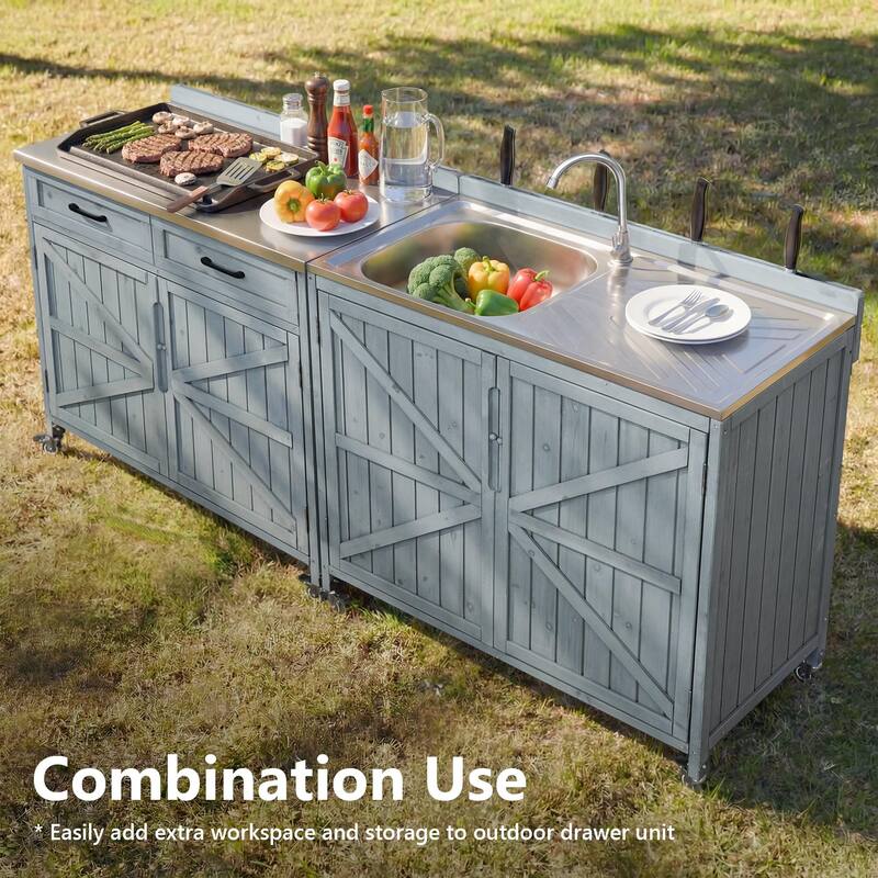 Outdoor 2 Piece Modular Solid Wood Kitchen Island with 304 Stainless Steel Sink, Faucet, Drawer, 2 Door Shelves & Wheels