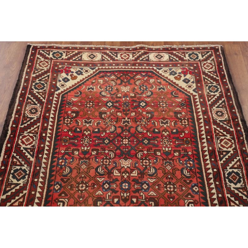 Geometric / Medallion Hamedan Vintage Runner Rug Handmade Wool Carpet - 3'5"x 10'4"