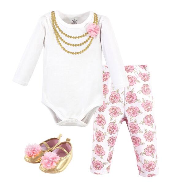 slide 1 of 1, Little Treasure Baby Girl Cotton Bodysuit, Pant and Shoe 3pc Set, Gold Roses 0-3 Months - Gold Roses