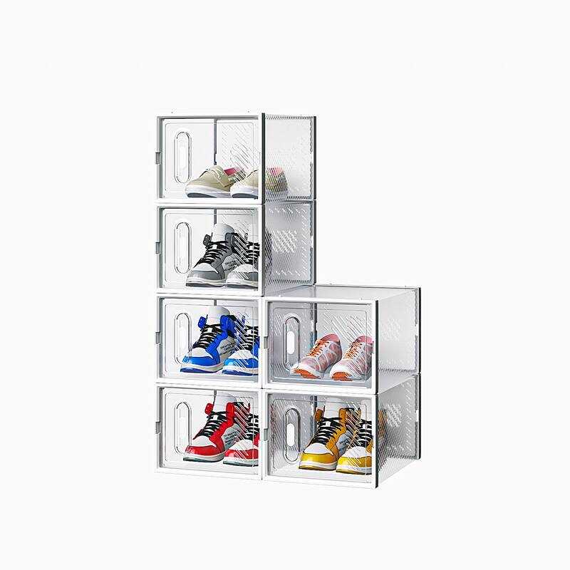 Set of 6 White Plastic Stackable Modular Shoe Storage Boxes with Breathable Mesh Design - 35 x 25 x 19 cm