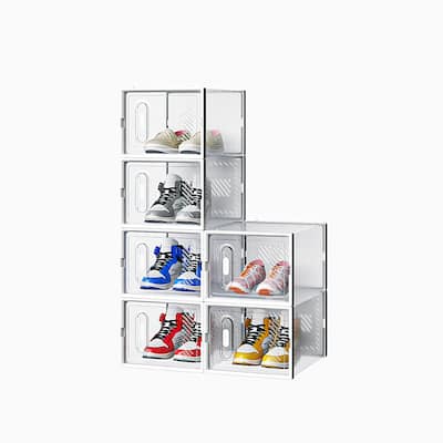 Set of 6 White Plastic Stackable Modular Shoe Storage Boxes with Breathable Mesh Design - 35 x 25 x 19 cm