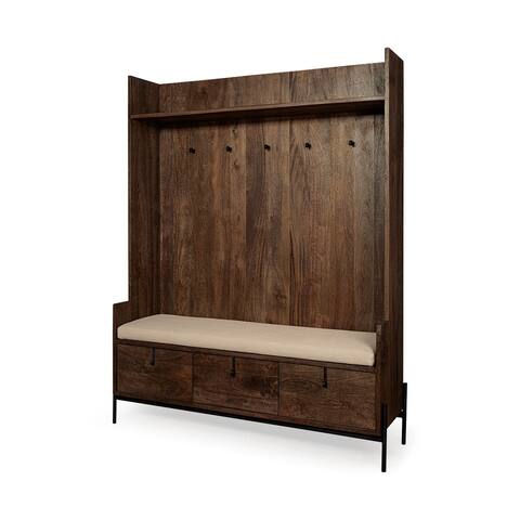 Glenn V Dark Brown Wood w/ Cream Fabric Seat & 3 Drawer Hall Tree - 55.5"W x 17"D x 70"H