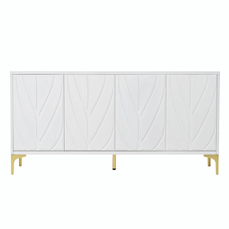 60" Carved Credenza Storage Cabinet, Handleless Press-to-Open Sideboard with 4 Doors