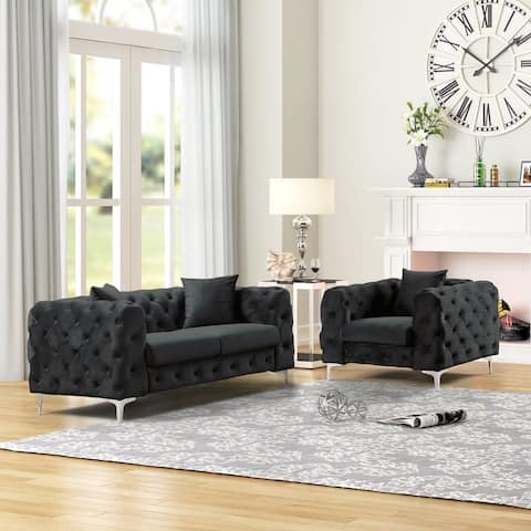 Morden Fort Contemporary Chair and Loveseat Set with Deep Button Tufting Dutch Velvet, Solid Wood Frame and Iron Legs