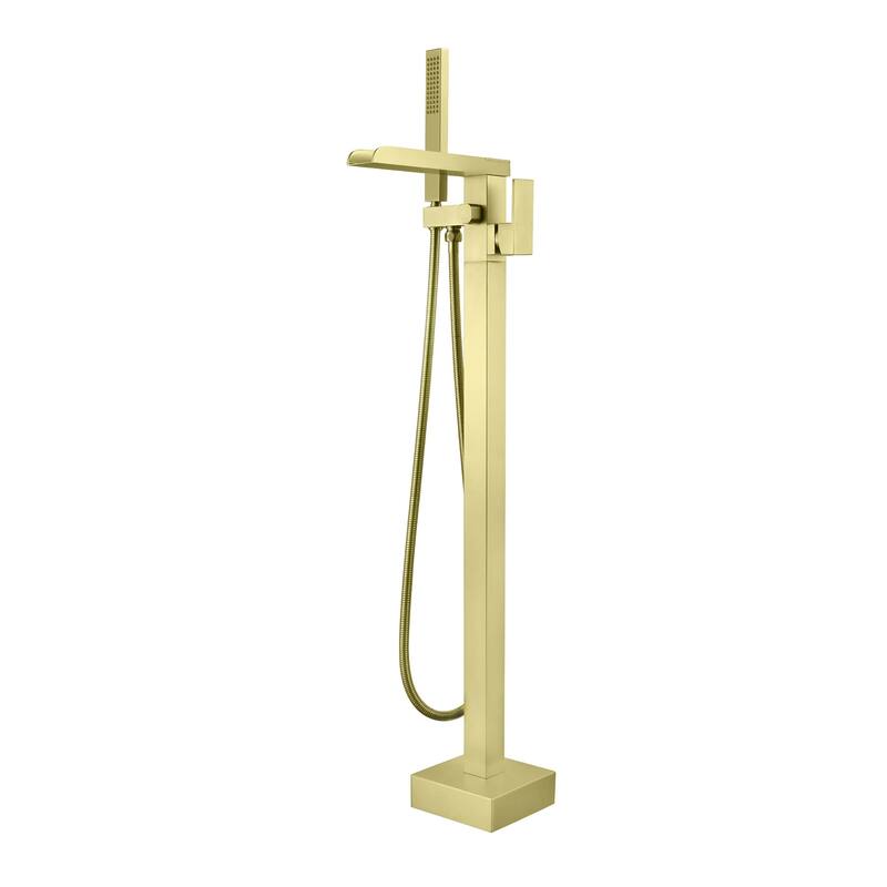 Freestanding Bathtub Faucet With Sprayer Floor Mount Tub Faucets Waterfall Tub Filler With Hand Shower Modern Bath Tub Trim - Brushed Gold