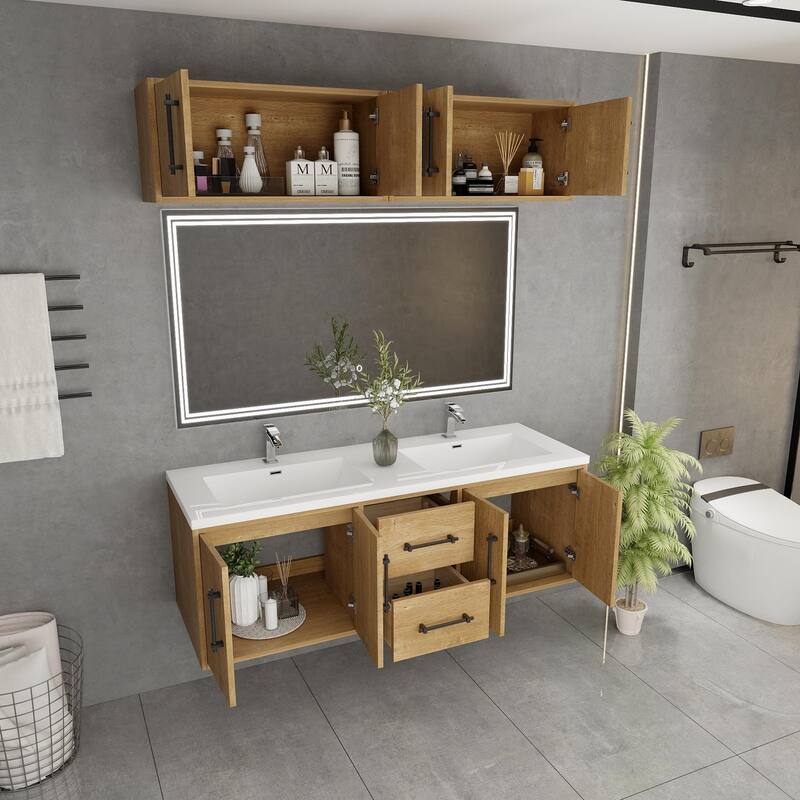Victoria 60'' Wall-Mounted Double Sink Vanity Set with LED light Top Cabinet
