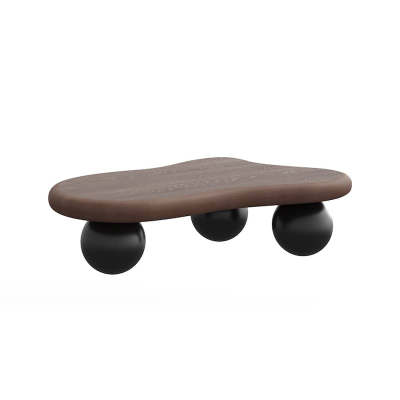 40 Inch Cloud Shaped Coffee Table with 3 Ball Legs for Living Room, Walnut Top Black Legs