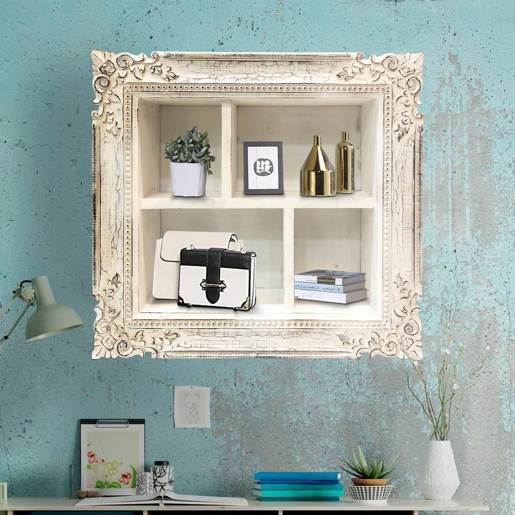 28 Inch Rectangular Wall Mount Mango Wood Shelf, 4 Compartments, Floral Carving, Distressed White