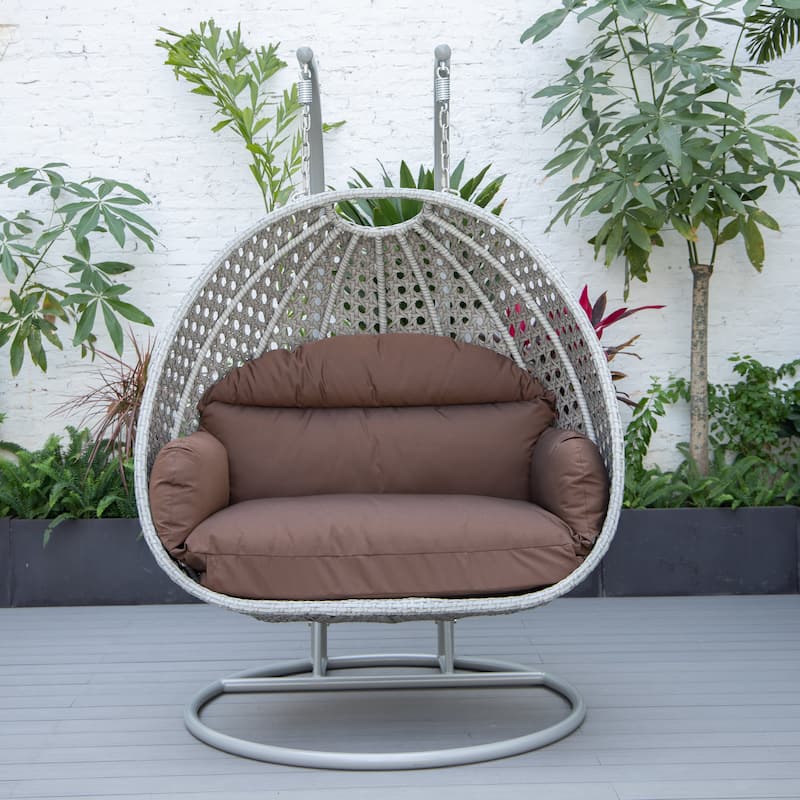 Mendoza 2-Person Hanging Egg Swing Chair with Iron Metal Stand Handcrafter Grey Wicker Hammocks for Outdoor Patio or Indoor Use