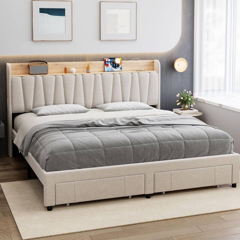 Upholstered Platform Bed with Storage Headboard, Drawer & Charging Station, Wood Slat Support