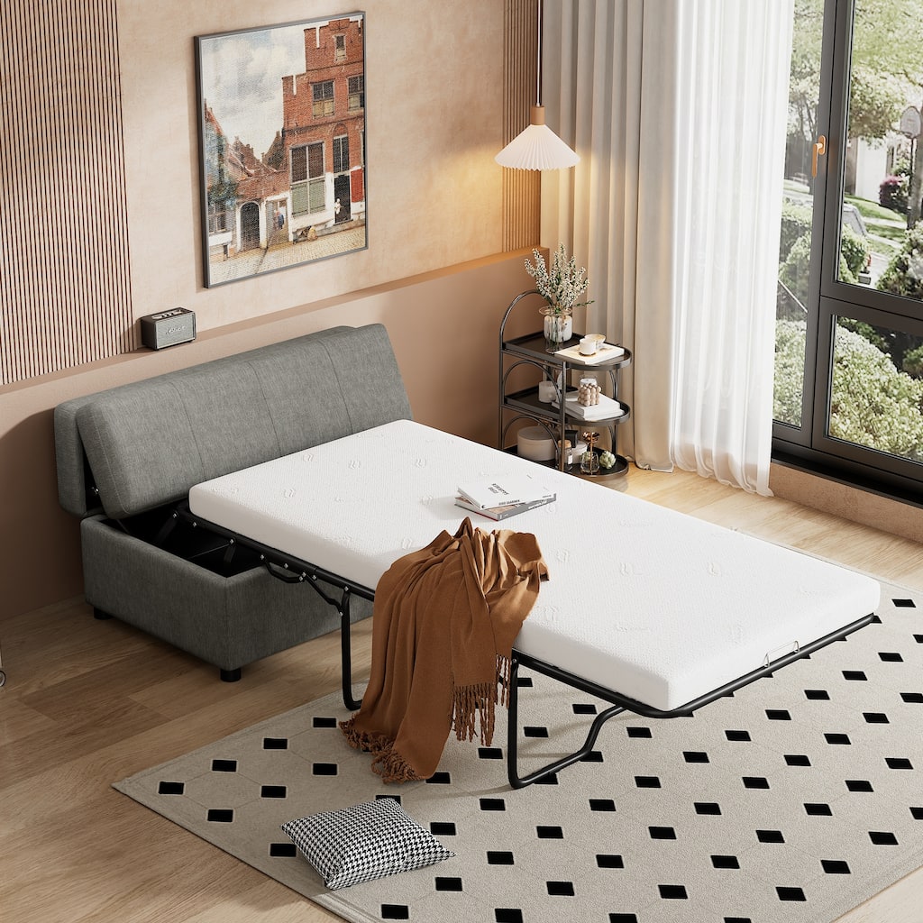 Twin Size Folding Ottoman Sleeper Bed with Mattress, Dark Gray, Chenille