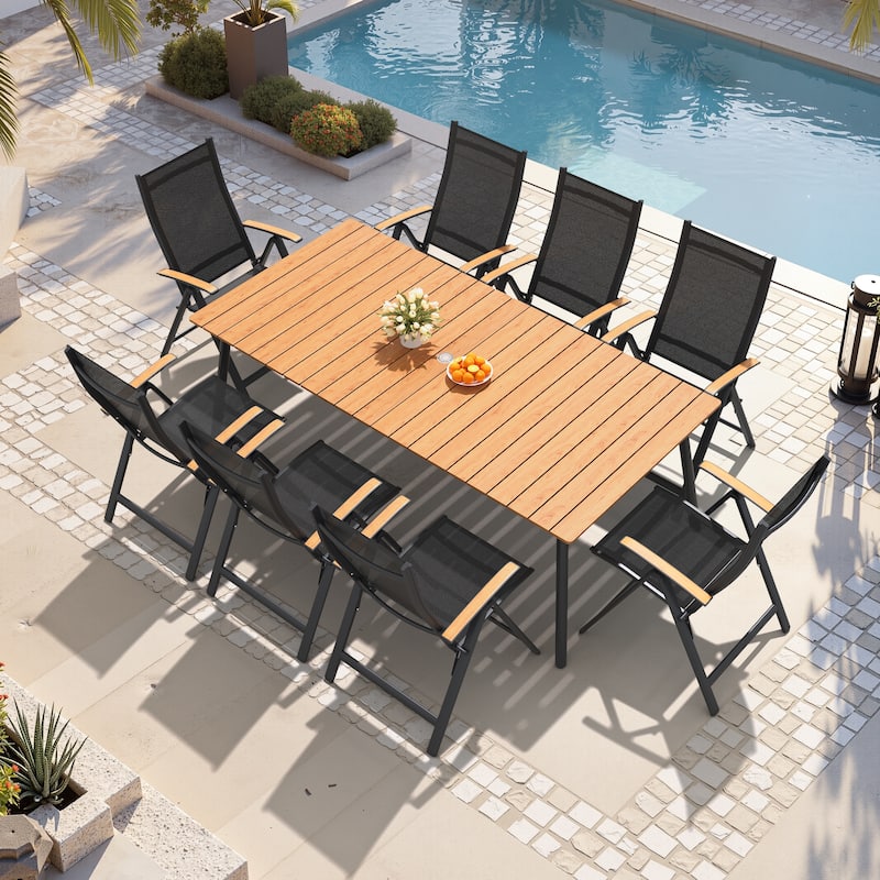 Outdoor Dining Set 8 Aluminum Folding Chairs with Adjustable Back and Rectangule Dining Table with Umbrella Hole - Brown