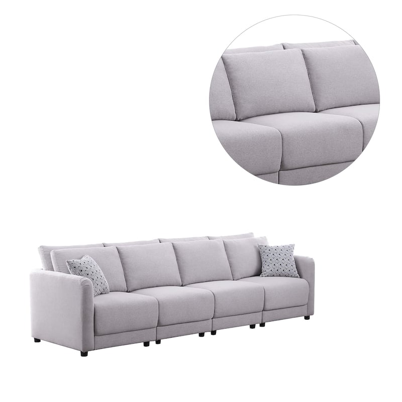 Linen Upholstered 4-Seater Sofa 2 Pillows in Light Gray