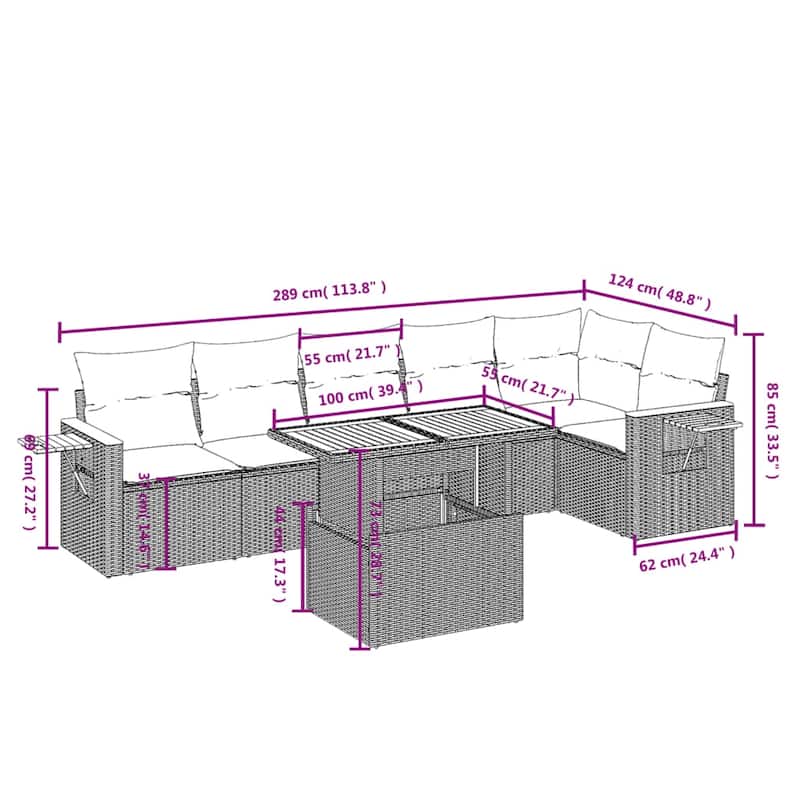 vidaXL Patio Sofa Set with Cushions Outdoor Furniture 7 Piece Poly Rattan - 21.7 x 39.4 x 28.7 in