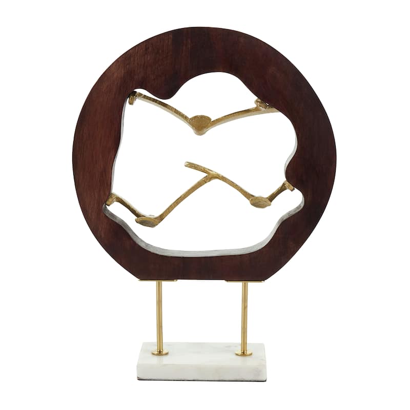 Gold Aluminum Metal Bird Sculpture with Brown Wooden Frame and Marble Base
