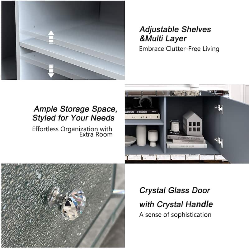 Roomfitters 60" Mirrored TV Stand for 65" TVs, Modern Entertainment Center with Crushed Diamond Glass Doors, Silver