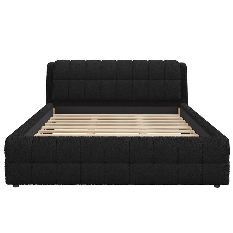 Modern Upholstered Platform Bed Frame Grounded Bed Frame with Striped Headboard/Wood Slats Support/No Box Spring/Easy Assembly