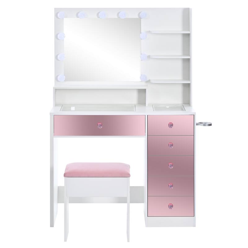 Makeup Vanity Desk with Mirror and Light, Vanity Table & Stool Set, Dressing Table with Pink Finish Drawers & Charging Station