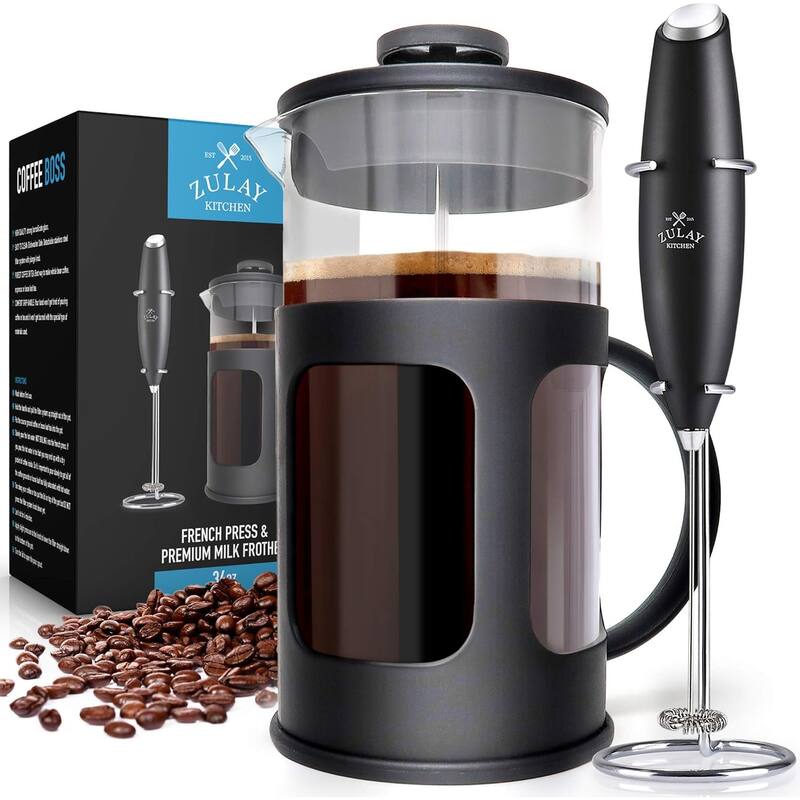 Zulay Kitchen Premium French Press Coffee Pot and Milk Frother Set - Black