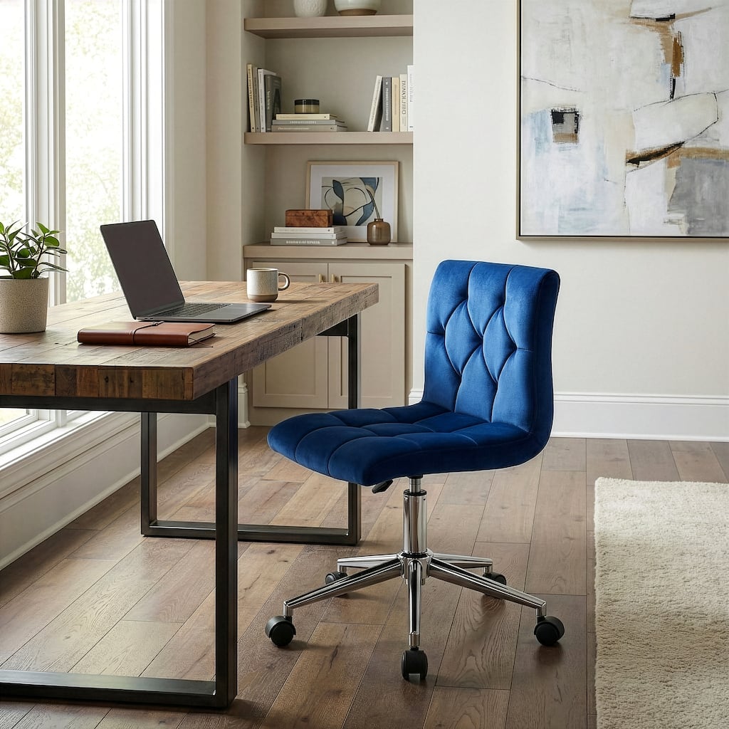 Amali Blue Velvet Upholstered Adjustable Height Swivel Office Chair
