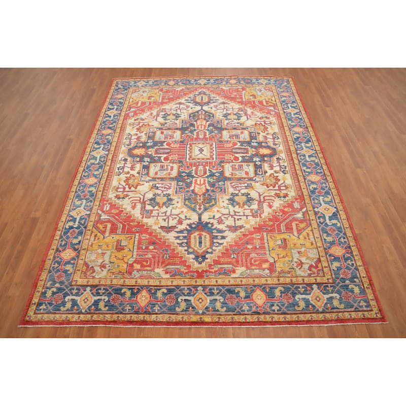 Hand Knotted Oriental 100% Wool Carpet Traditional Medallion Beige & Ivories Heriz (serapi) Area Rug - 10' 0'' X 7' 8''