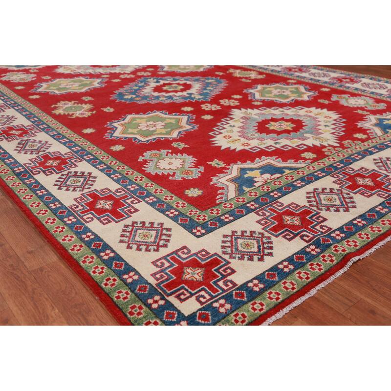 Hand Knotted Oriental 100% Wool Carpet Traditional Geometric Red Kazak Area Rug - 11' 0'' X 8' 2''