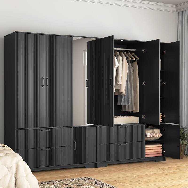 4-Door Wardrobe Closet with Mirror & LED, Wooden Storage Cabinet with Hanging Rod & Adjustable Shelves