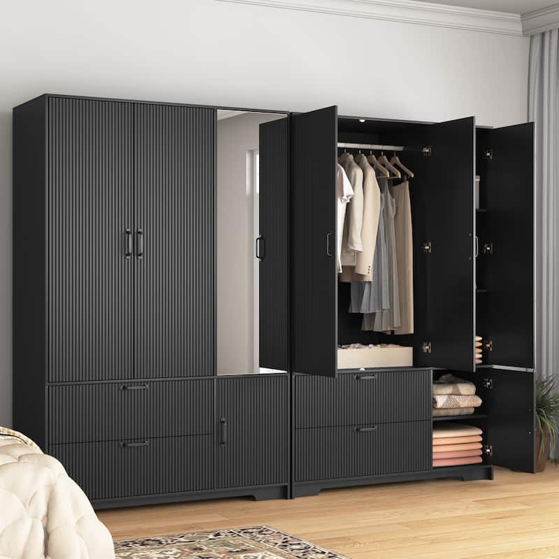 4 Doors Wardrobe Closet with Mirror, LED Wardrobe with Doors and 2 Drawers, Wooden Wardrobe Storage Cabinet with Hanging Rod