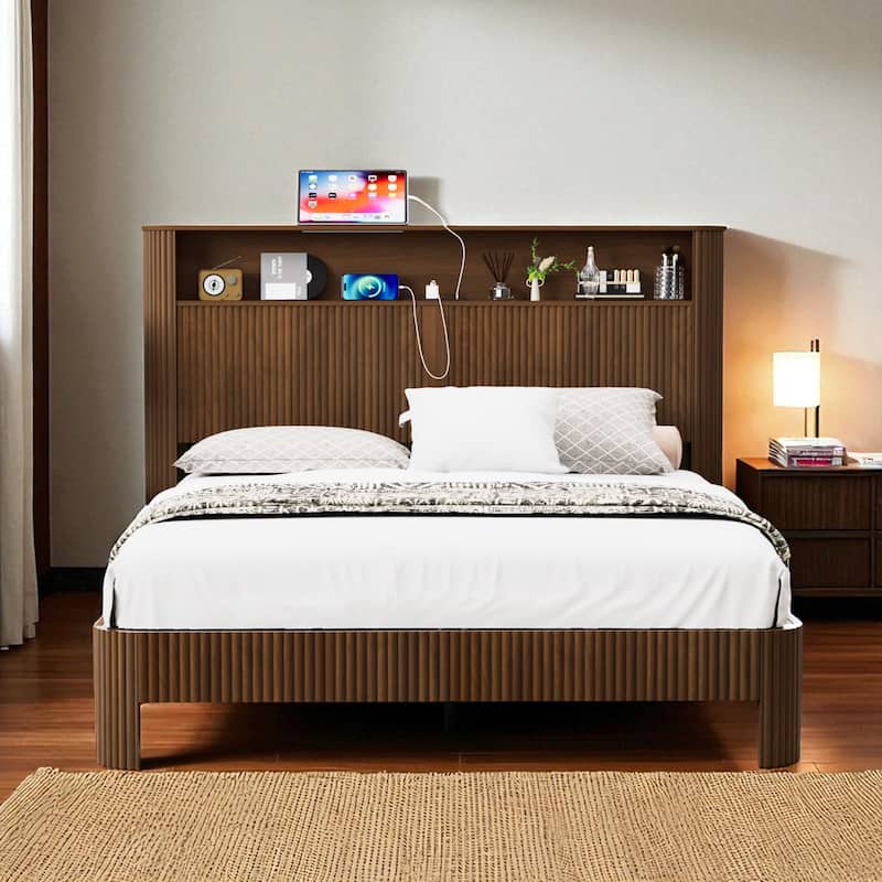 Full XL/Queen Bed Frame with Storage Headboard, USB Charging Station, Noise-Free Metal Platform with Curved Design