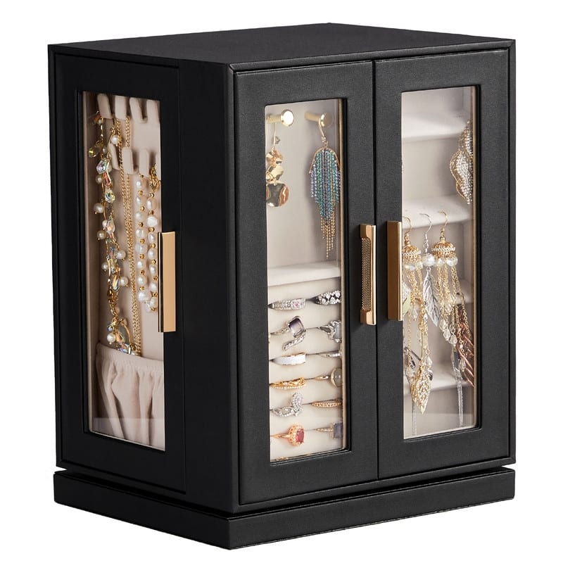 FCH 4 Sides with Storage 5 Drawers Rotatable Black Cabinet Pink Velvet Jewelry Case