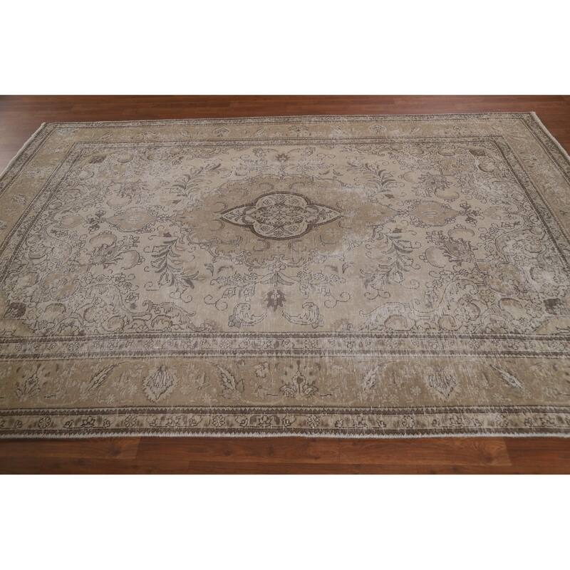 Beige Distressed Tabriz Persian Vintage Rug Handmade Wool Carpet - 6'6" x 9'3"