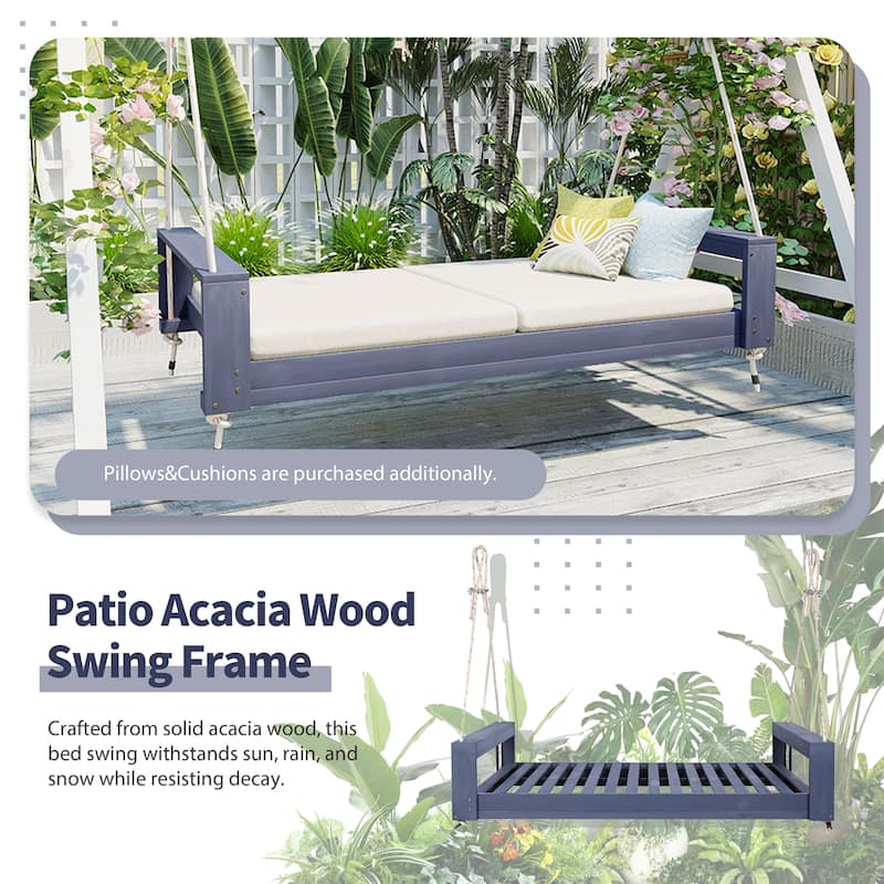 Twin Size Patio Acacia Wood Swing Frame with Hemp Ropes
